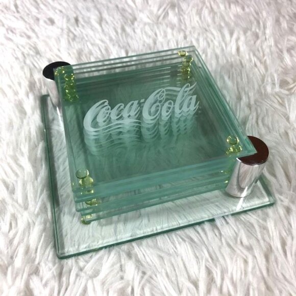 NWOT Set of 6 Coca-Cola Georgia Green Glass Coasters with Holder - Picture 1 of 8